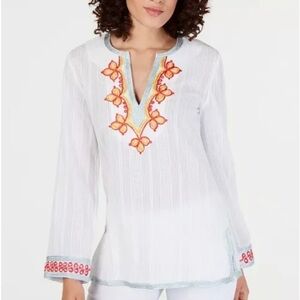Trina Turk peacock embroidered gauzy pull over lightweight Beachy tunic xs